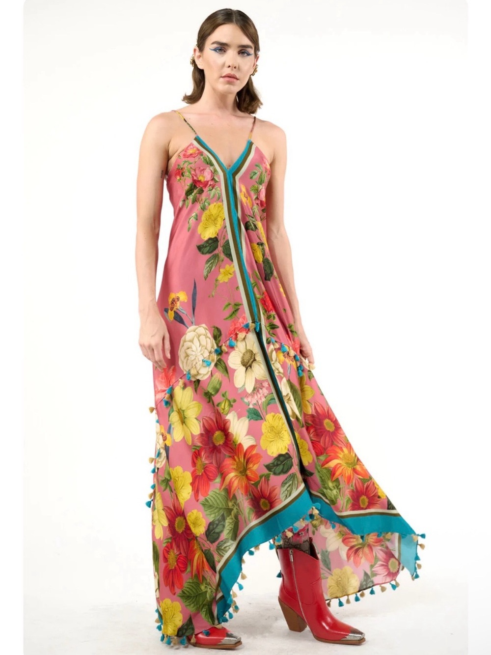 Aratta Pink Floral V‑Neck Maxi Dress with Blue Accent